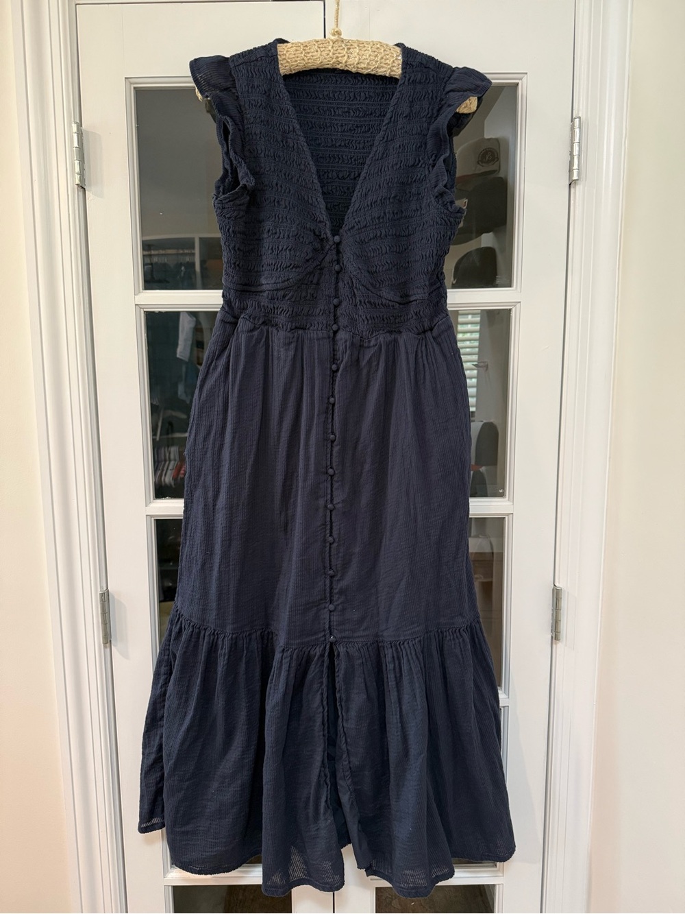 Quince Navy Smocked V‑Neck Button‑Front Maxi Dress